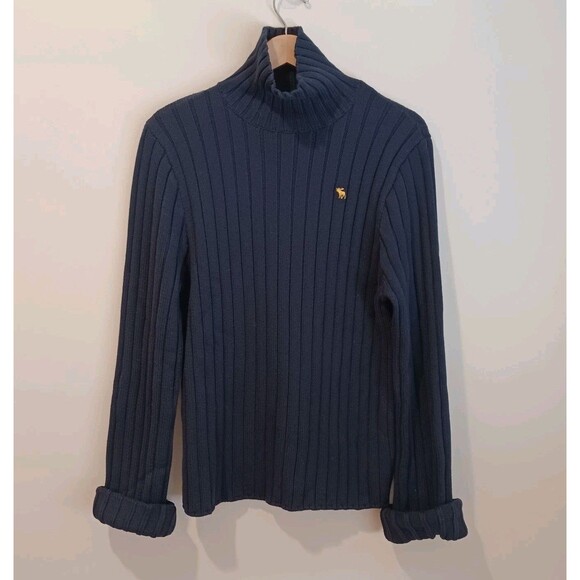 VTG Abercrombie Fitch Sweater L Navy Blue Ribbed Turtleneck Pullover Y2K 90s L - Picture 1 of 8